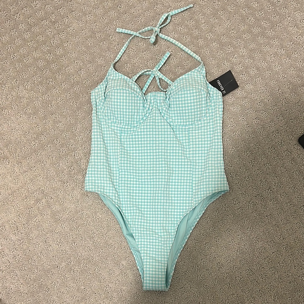 Womens Aqua Gingham One Piece Swimsuit L